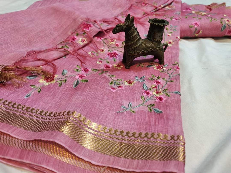 Kota Linen Silk Saree with Zari Dovi Weaving ( length-6.5 meter)