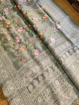 Pure Organza Silk Saree Multi Floral Jaal Work With Heavy Chikankari Pallu .