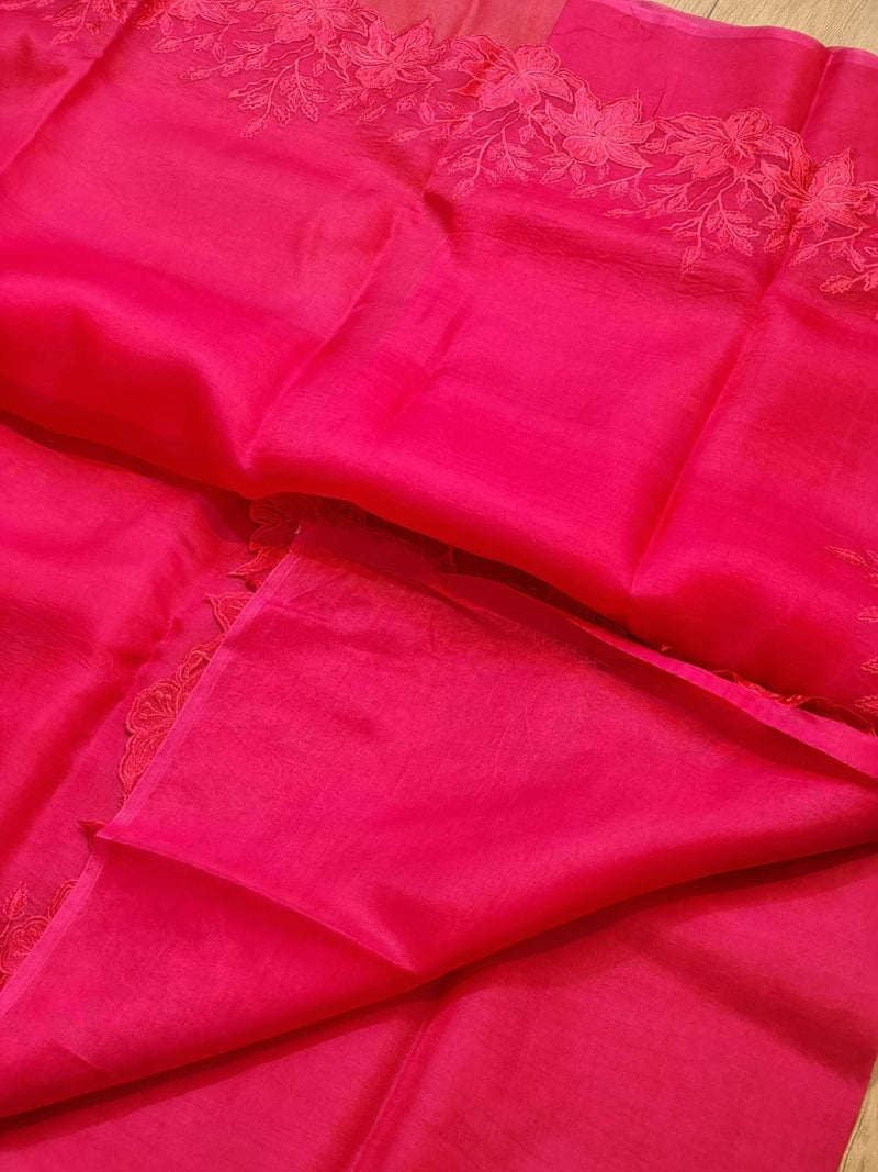 Pure Organza Silk Embroidery Alfi Cutwork Border Saree .