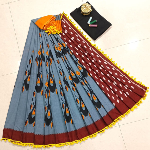 Pure Hand Block Cotton Sarees With Blouse