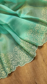 Pure Organza Silk Pearl Embroidery Cutwork Border Saree .