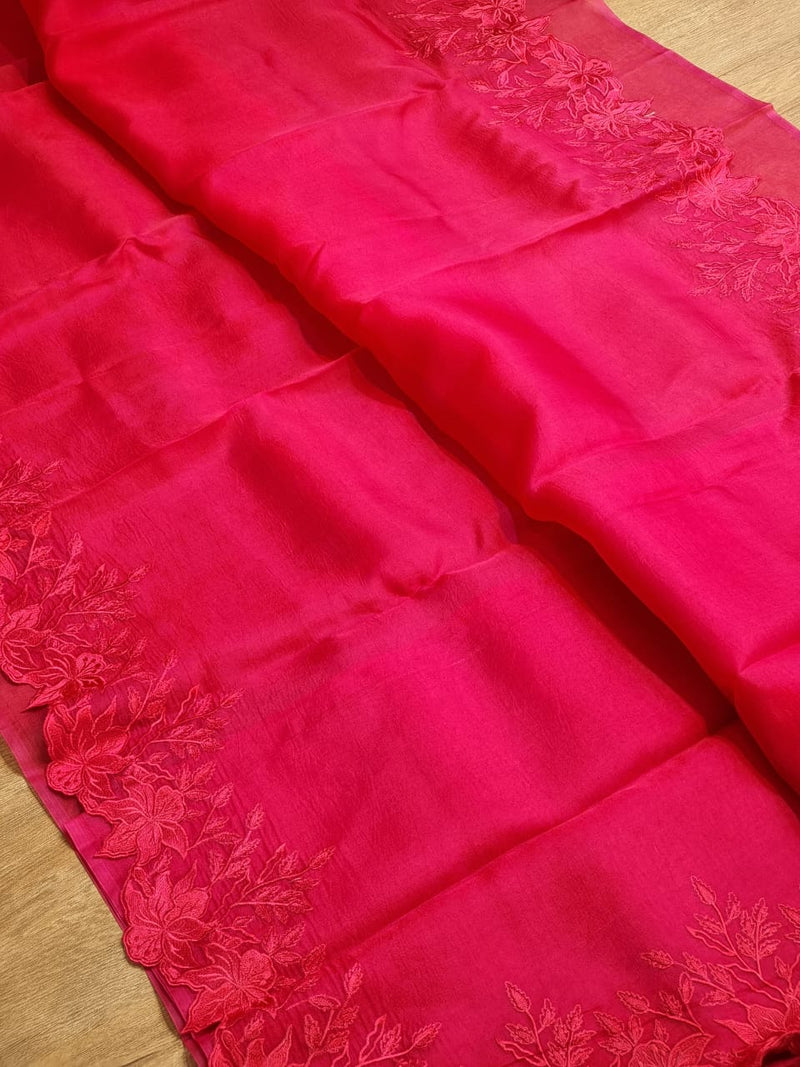 Pure Organza Silk Embroidery Alfi Cutwork Border Saree .