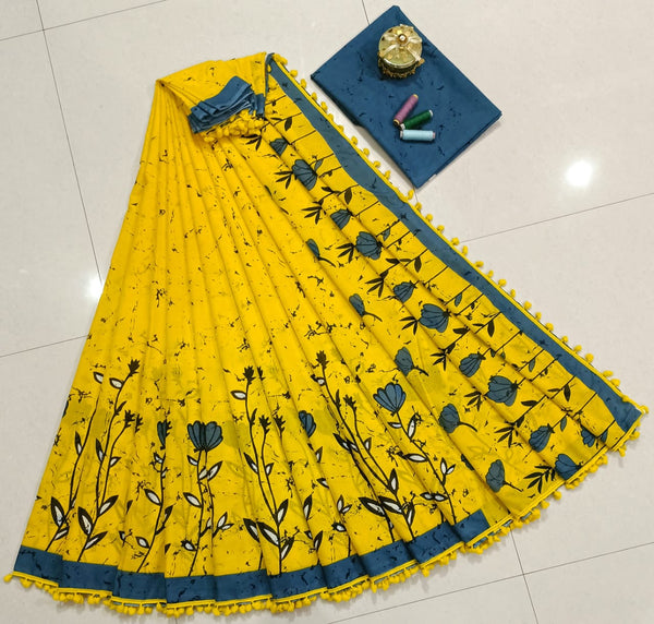 Pure Hand Block Cotton Sarees With Blouse