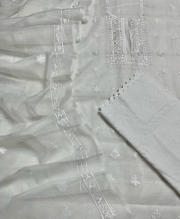 Pure Kota Doriya Embroidery Work Unstitched Suits With Kota Doriya Dupatta & Chikankari Bottom .