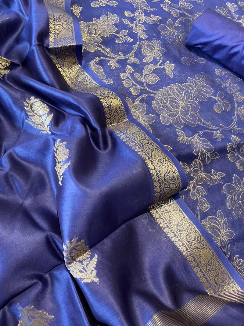 Pure Banarsi Silk Chanderi Light Zari Weaved Unstitched Suit With Banarsi Silk Buti Weaved Dupatta.