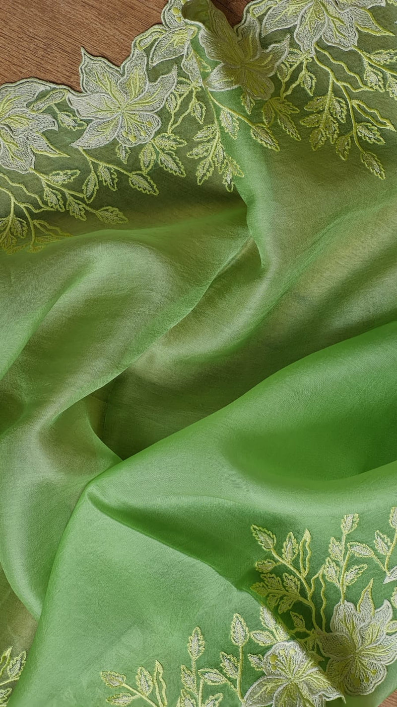 Pure Organza Silk Embroidery Alfi Cutwork Border Saree .