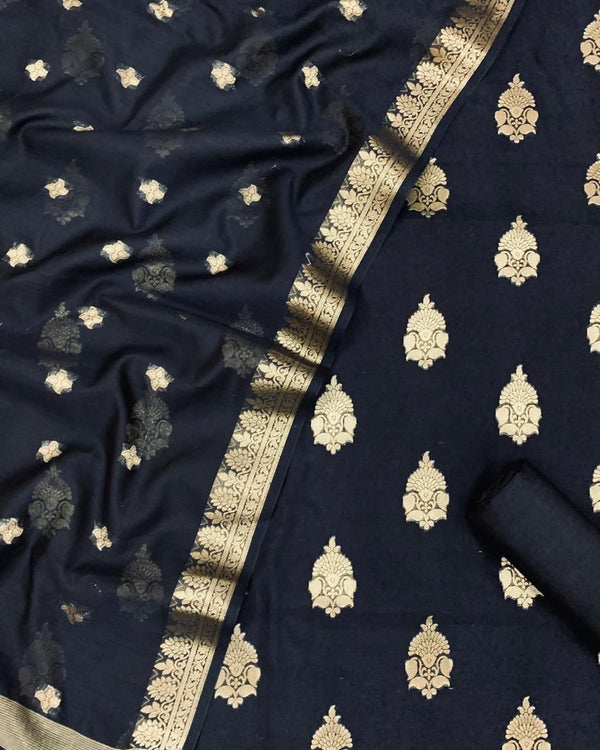 Pure Mercerised Chanderi Almond Zari Buti Weaved Unstitched Suit With Mercerised Buti Dupatta