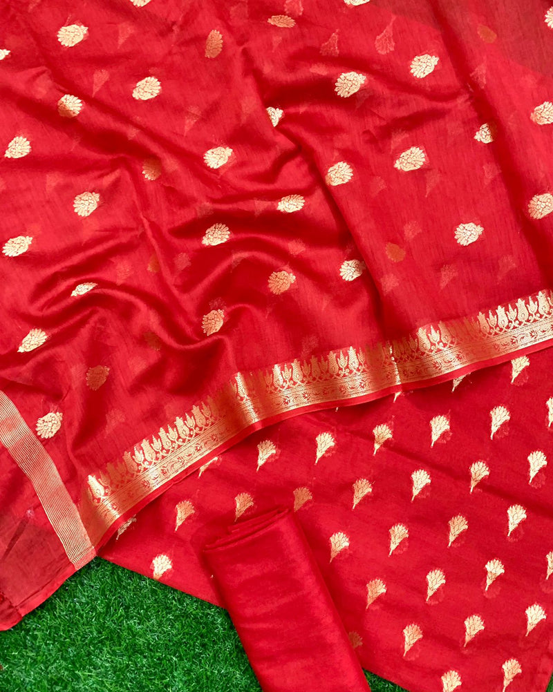 Pure Chanderi Mercerized Zari Buti Weaved Unstitched Suit With Pure Mercerized Dupatta.