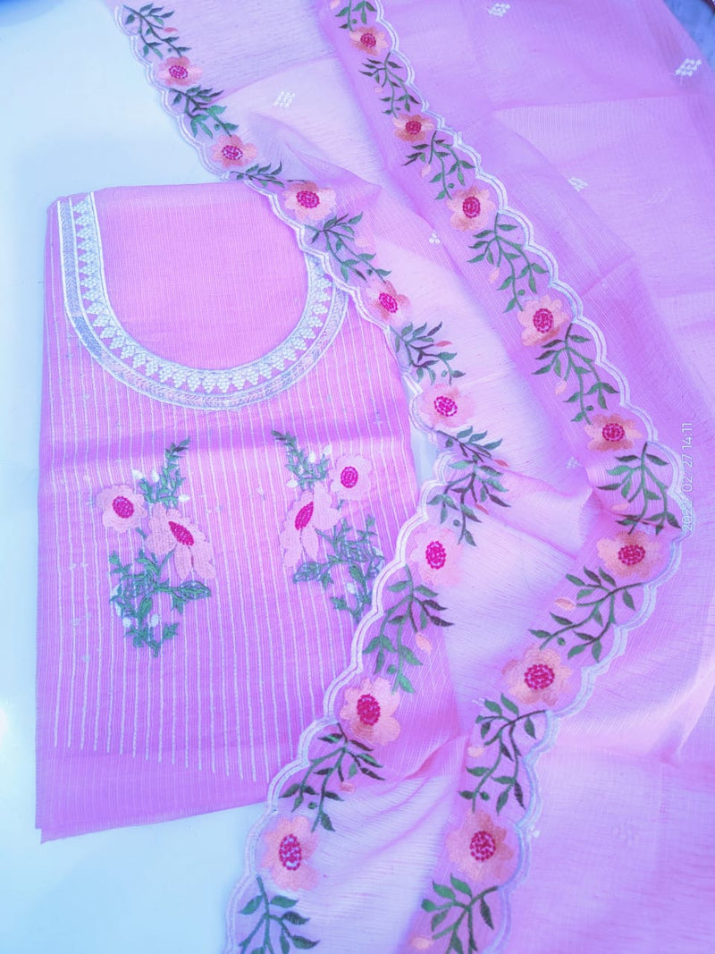 Pure Cotton Kota Doriya Embroidery Unstitched Suit With Dupatta