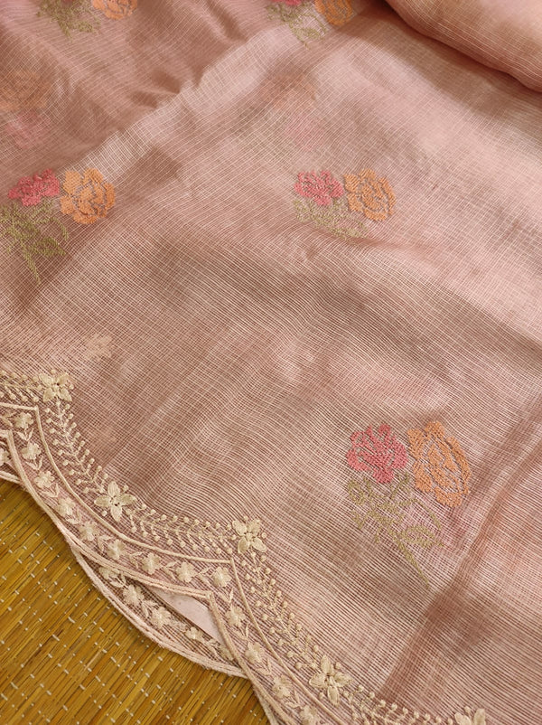 Pure Banarsi Tussar Silk Kota Embroidery Cutwork With Buta Work Saree .