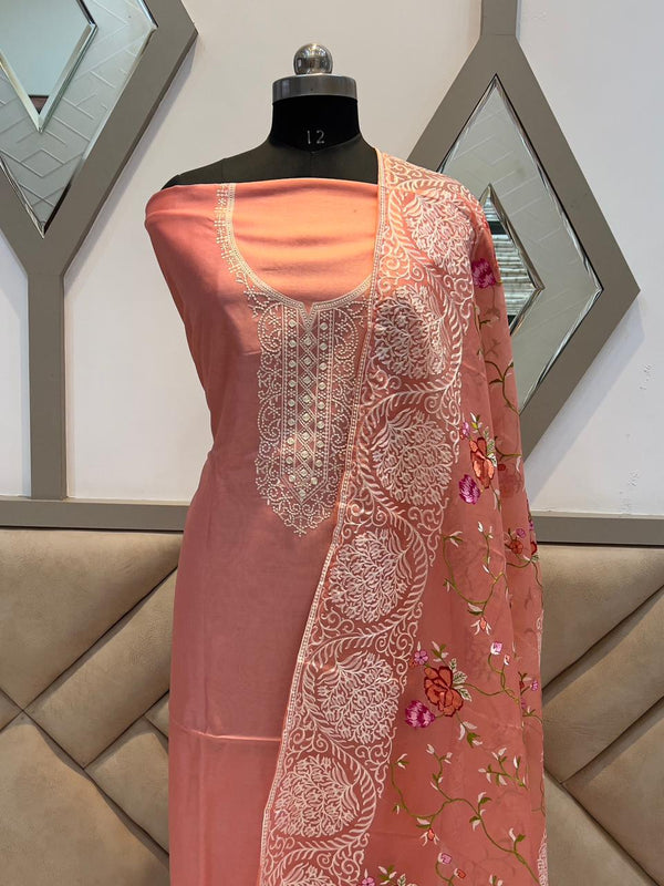 Pure Banarsi Resham Chanderi Silk Embroidery Unstitched Suit With Organza Silk Embroidery Dupatta