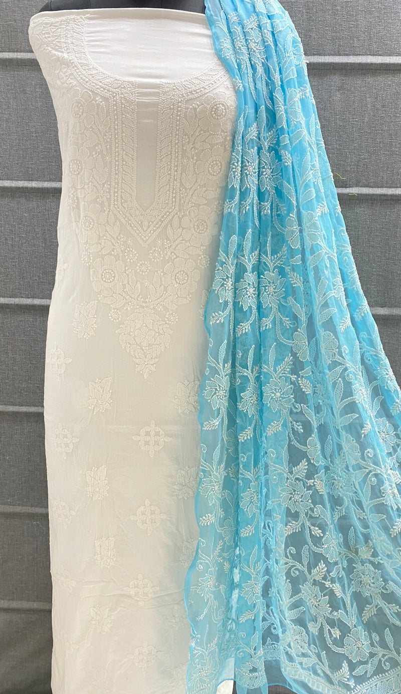 Pure MulMul Cotton Chikankari Unstitched Suit Chikankari Hand Embroidery Jaal Dupatta