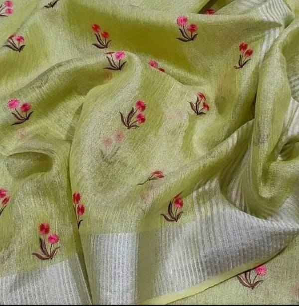 Pure Tissue Linen Saree With Hand Embroidery