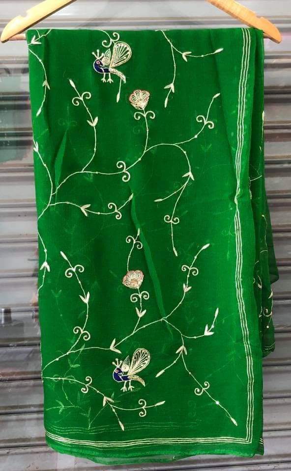 Pure Dimond Chiffon Peacock Jaal Work Saree With Running Blouse