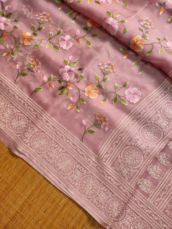 Pure Organza Silk Saree Multi Floral Jaal Work With Heavy Chikankari Pallu .