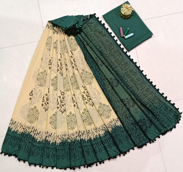 Pure Hand Block Cotton Sarees With Blouse