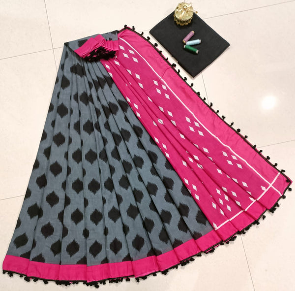 Pure Hand Block Cotton Sarees With Blouse