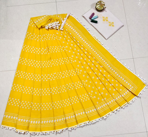 Pure Hand Block Cotton Sarees With Blouse