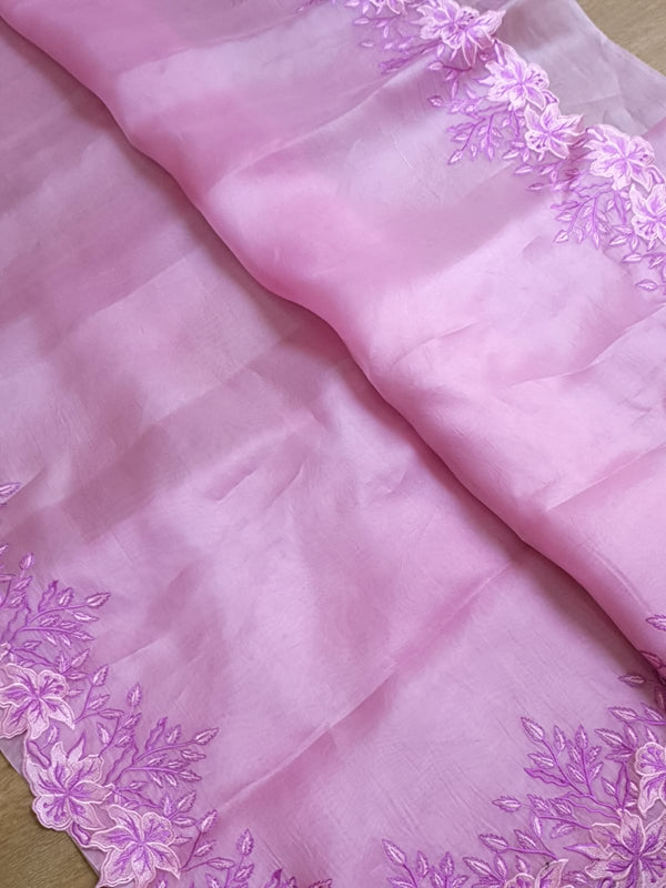 Pure Organza Silk Embroidery Alfi Cutwork Border Saree .