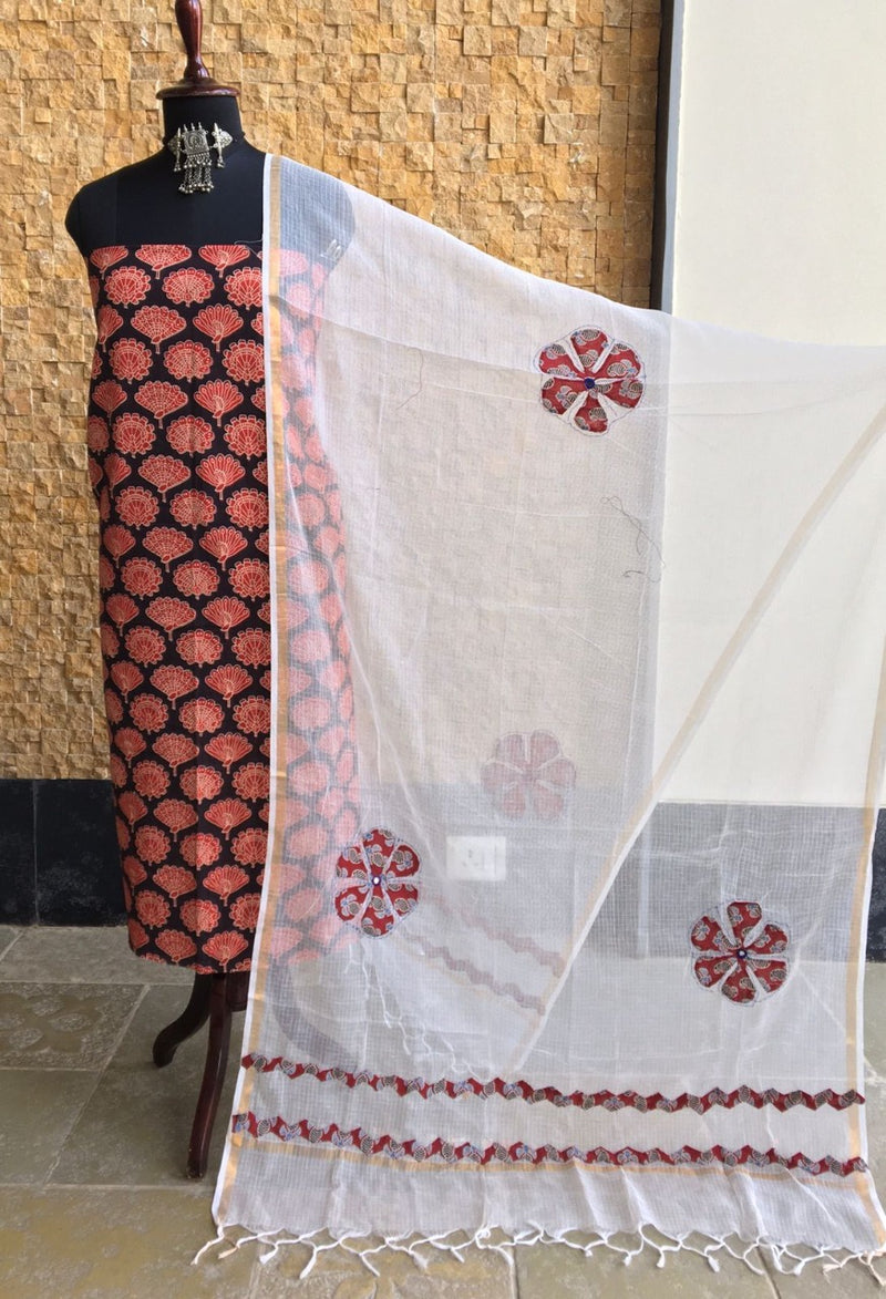 Pure Cotton Hand Block Azrak Print Unstitched Suit With Hand Work Azrak Patch Work Dupatta (With Out Bottom)