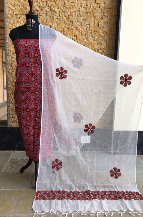 Pure Cotton Hand Block Azrak Print Unstitched Suit With Hand Work Azrak Patch Work Dupatta (With Out Bottom)