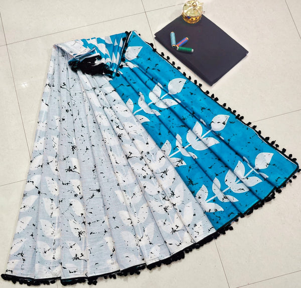 Pure Hand Block Cotton Sarees With Blouse