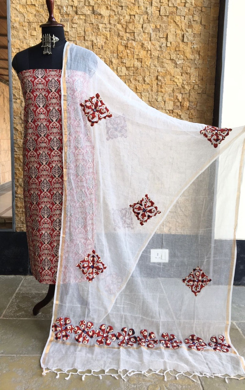 Pure Cotton Hand Block Azrak Print Unstitched Suit With Hand Work Azrak Patch Work Dupatta (With Out Bottom)