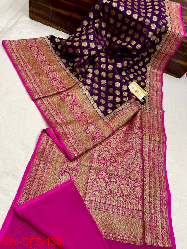 Pure Banarasi Handloom Khaddi Georgette Silk Saree With Zari Work ( length- 6.3 meter )