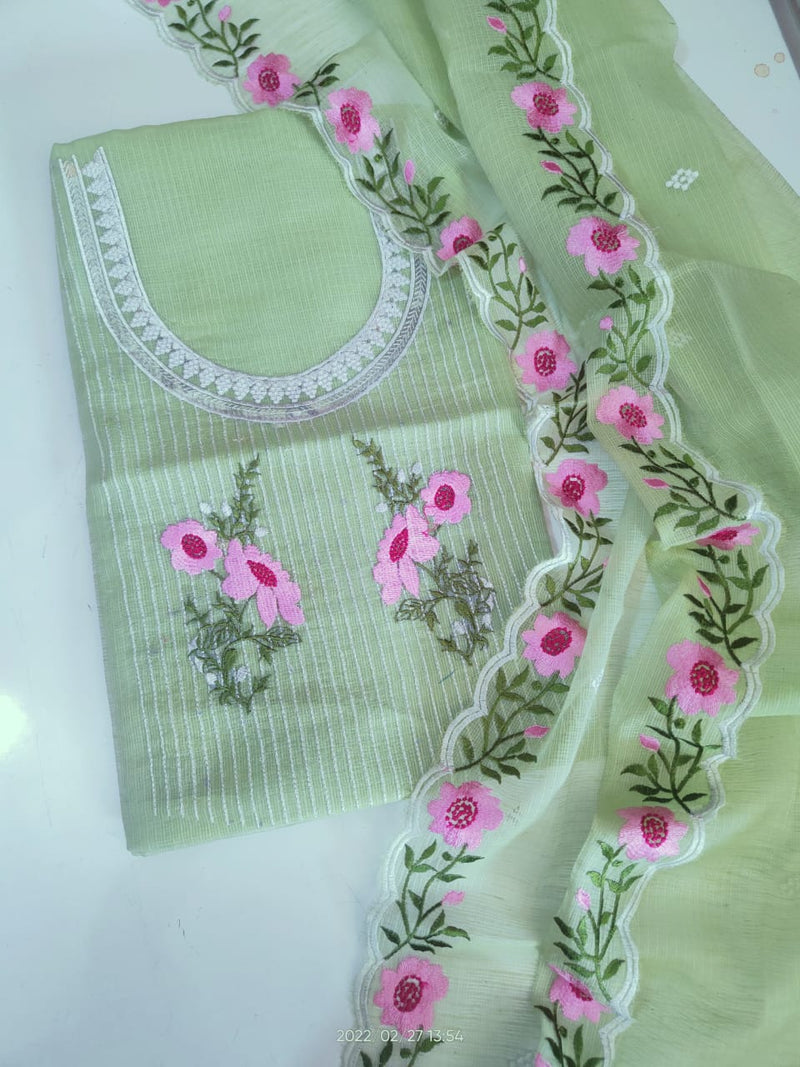 Pure Cotton Kota Doriya Embroidery Unstitched Suit With Dupatta