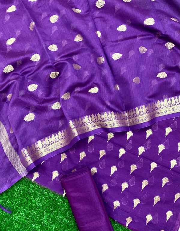 Pure Chanderi Mercerized Zari Buti Weaved Unstitched Suit With Pure Mercerized Dupatta.