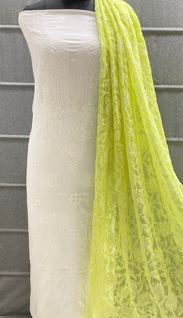 Pure MulMul Cotton Chikankari Unstitched Suit Chikankari Hand Embroidery Jaal Dupatta