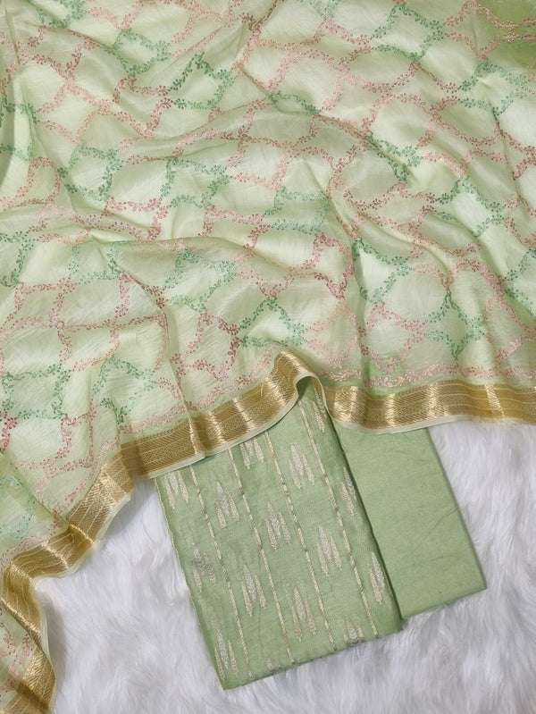 Pure Banarasi Chanderi Silk Zari Booti Unstitched Suit With Organza Silk Chikan Work Dupatta.