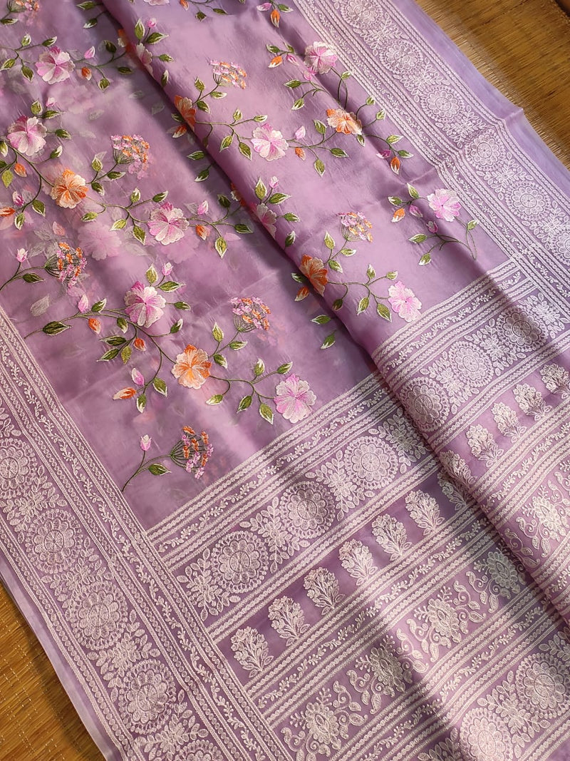 Pure Organza Silk Saree Multi Floral Jaal Work With Heavy Chikankari Pallu .