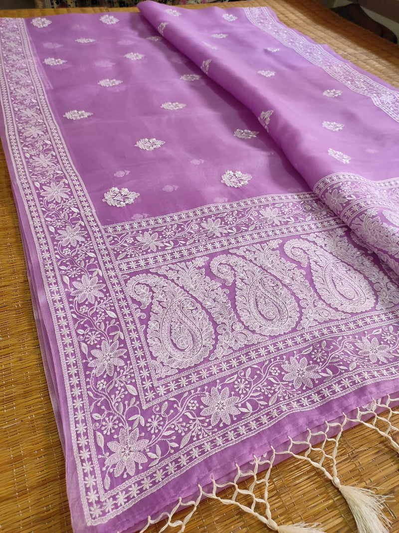 Pure Organza Silk Embroidery Buti Work Border Saree .