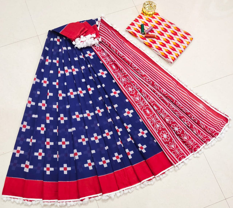 Pure Hand Block Cotton Sarees With Blouse