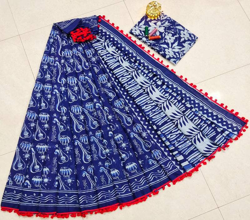 Pure Hand Block Cotton Sarees With Blouse