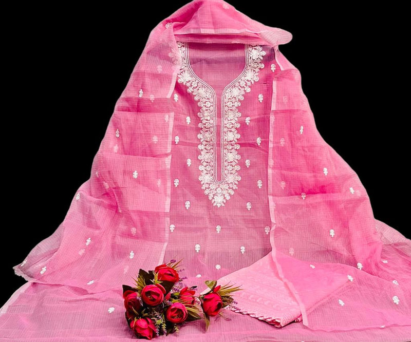 Pure Kota Doriya Embroidery Work Unstitched Suits With Kota Doriya Dupatta & Chikankari Bottom .