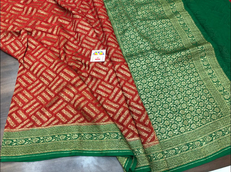 Pure Banarasi Semi Chiffon Georgette Silk Saree With Zari Work With Contrast Pallu & Border