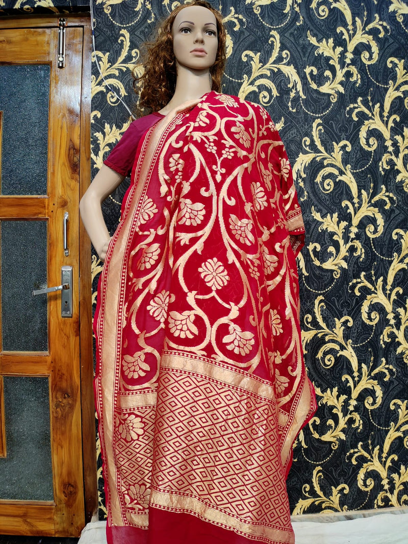 Pure Banarasi Handloom Khaddi Georgette Silk Dupatta With Heavy Zari Work ( Length-2.5 Meter )