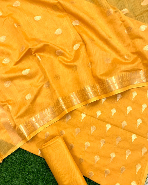 Pure Chanderi Mercerized Zari Buti Weaved Unstitched Suit With Pure Mercerized Dupatta.