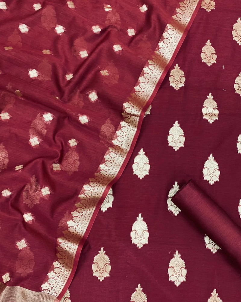 Pure Mercerised Chanderi Almond Zari Buti Weaved Unstitched Suit With Mercerised Buti Dupatta