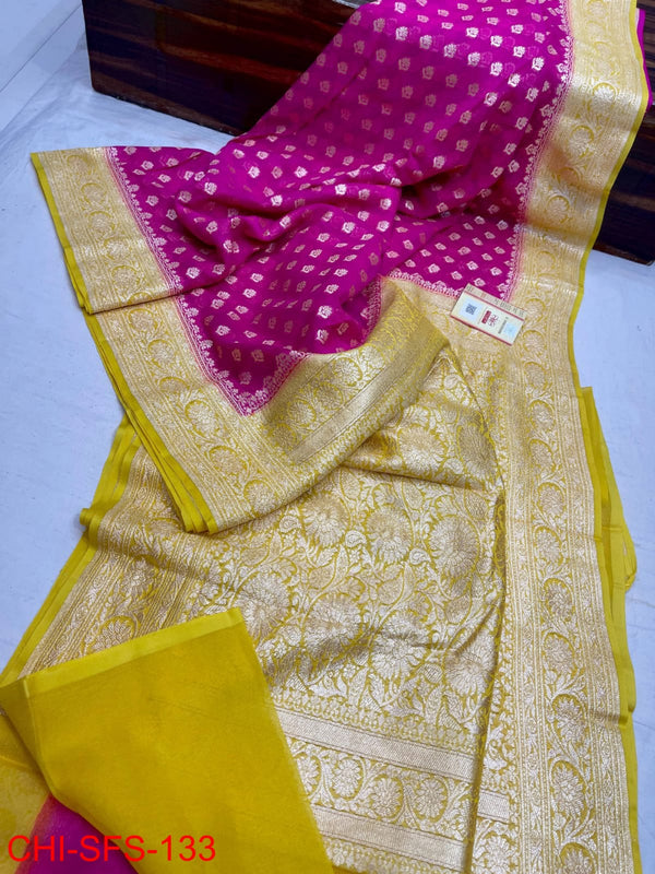 Pure Banarasi Handloom Khaddi Georgette Silk Saree With Zari Work ( length- 6.3 meter )