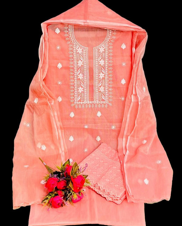 Pure Kota Doriya Embroidery Work Unstitched Suits With Kota Doriya Dupatta & Chikankari Bottom .