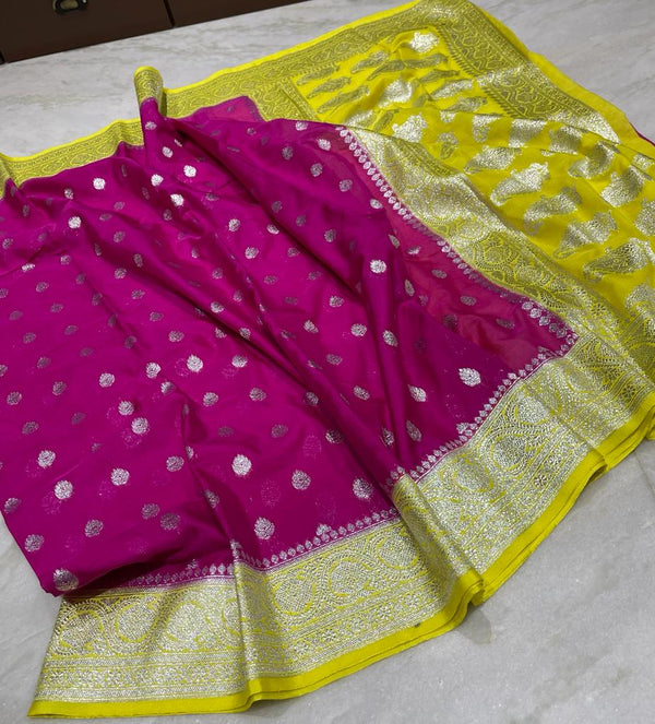 Pure Banarasi Handloom Semi Katan By Katan Silk Saree With Silver Zari Work With Contrast Pallu & Border