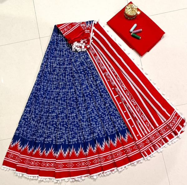 Pure Hand Block Cotton Sarees With Blouse