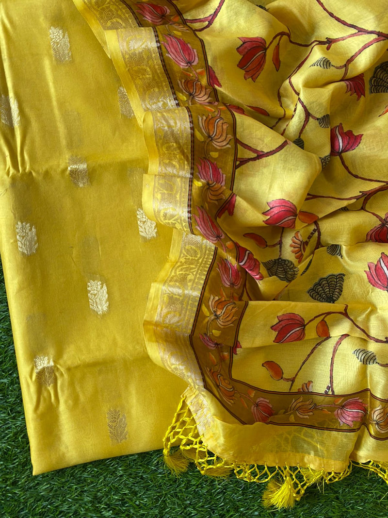 Pure Banarasi Chanderi Resham Silk Zari Buti Woven Unstitched Suit With Chanderi Floral Print  Silk Dupatta