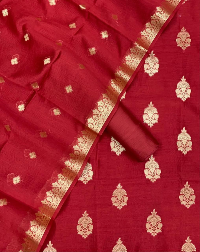 Pure Mercerised Chanderi Almond Zari Buti Weaved Unstitched Suit With Mercerised Buti Dupatta