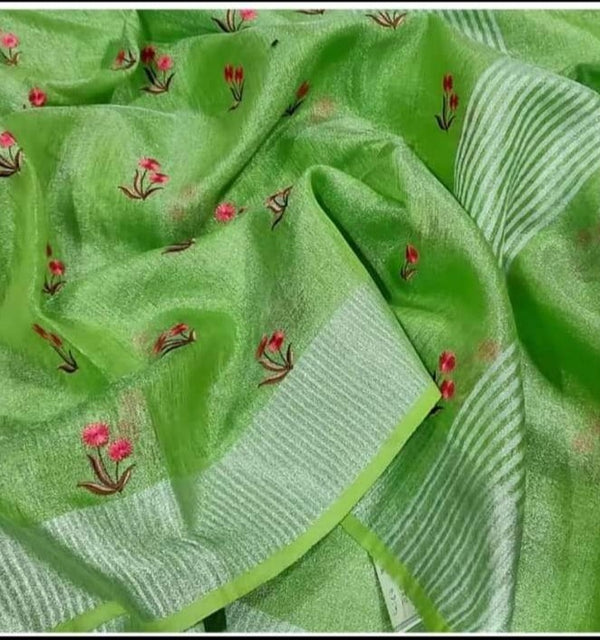 Pure Tissue Linen Saree With Hand Embroidery