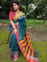 Pure Cotton Jacquard Border Contrast Pallu Saree With Blouse