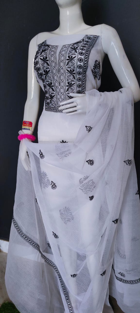 Pure Cotton Kota Doriya Embroidery Unstitched Suit With Dupatta